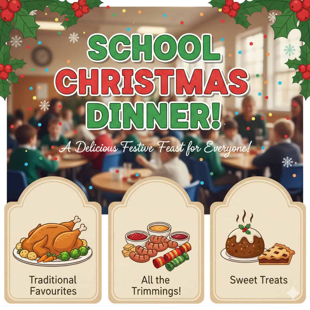 School Christmas dinner with traditional food, treats, and festive decorations.