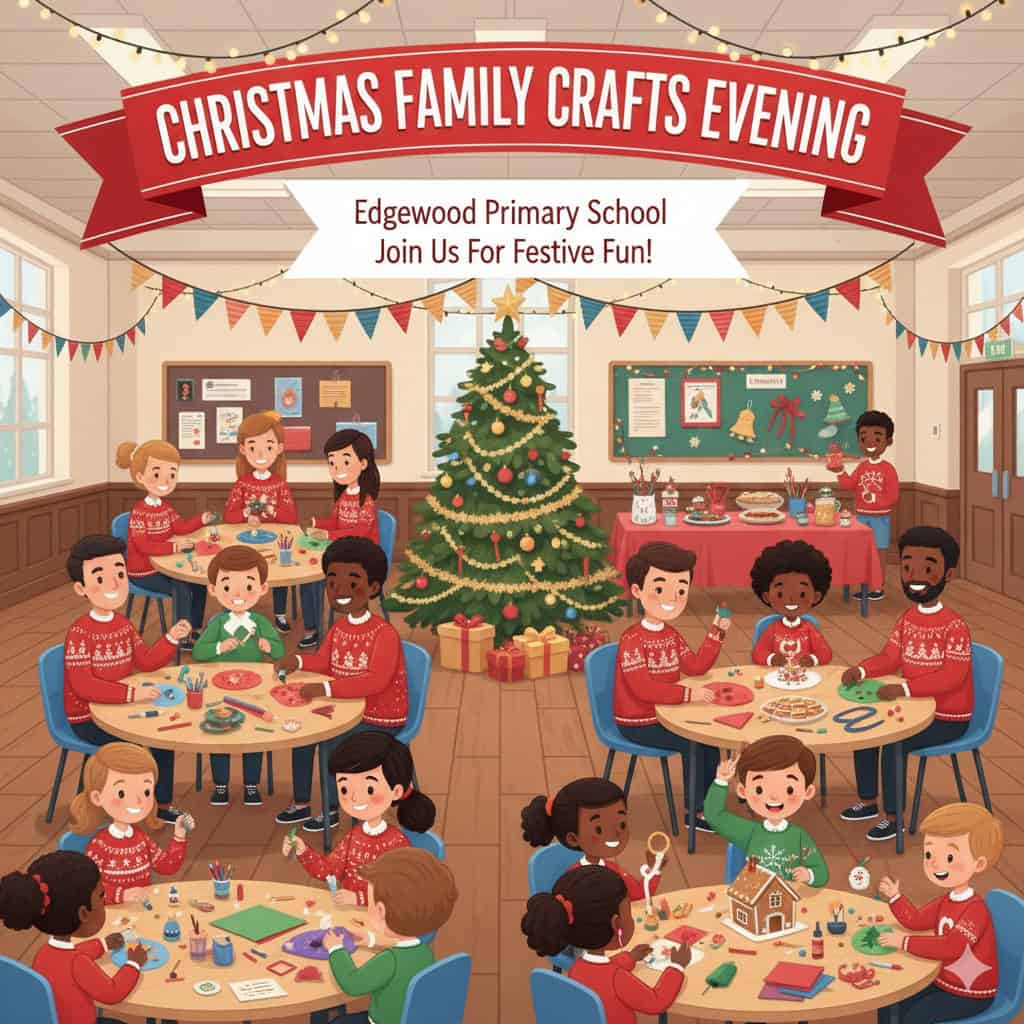 Children making Christmas crafts at Edgewood Primary School event.