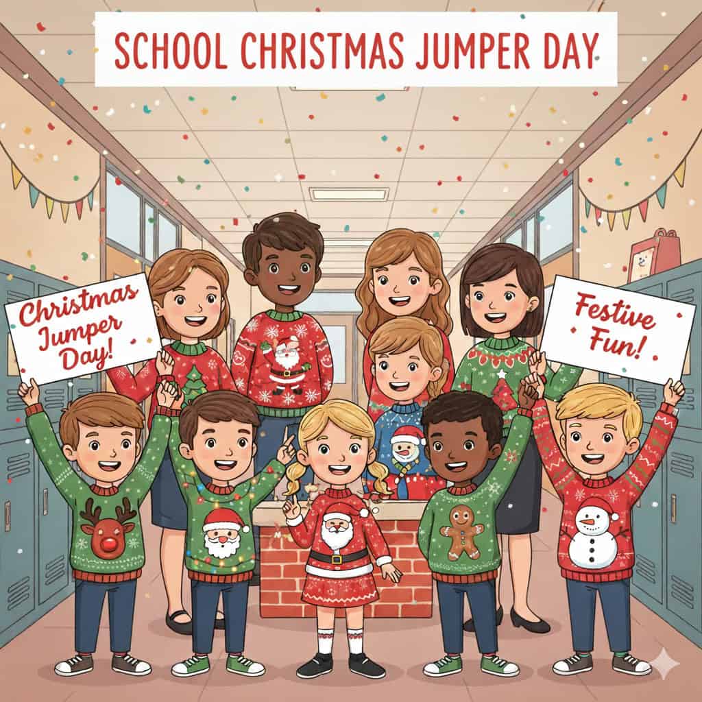 Children wearing festive Christmas jumpers at school event.