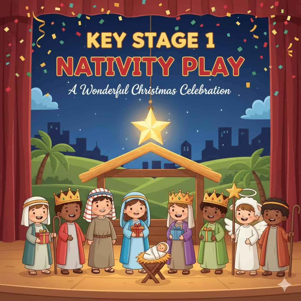 Children performing Nativity play on stage with Christmas decorations.