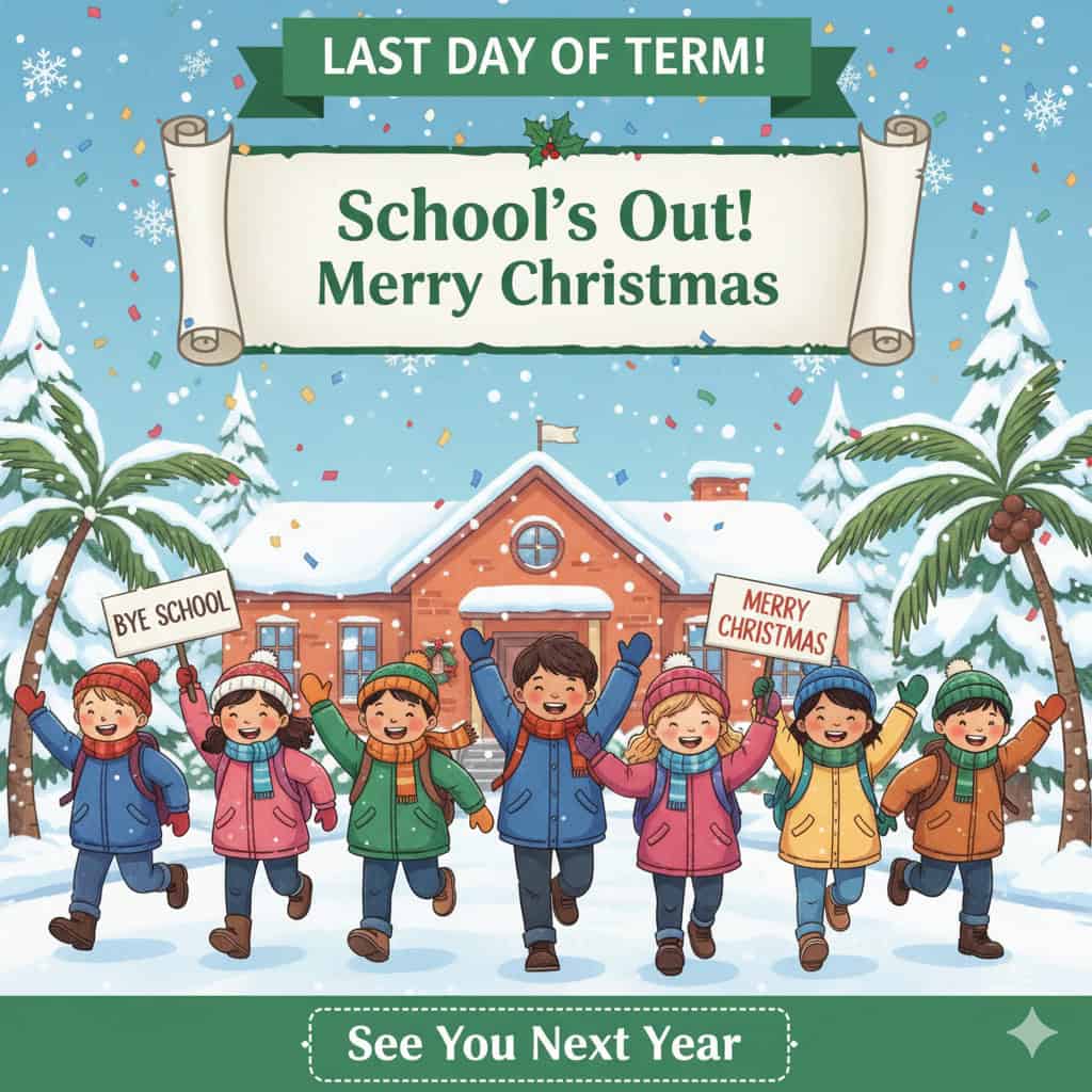 Children celebrating last day of school with Christmas cheer and snow.