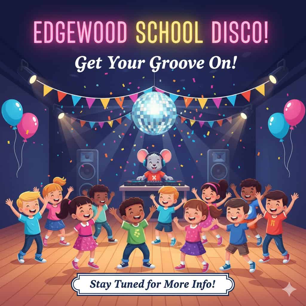 Children dancing at Edgewood Primary School disco event with balloons and decorations.